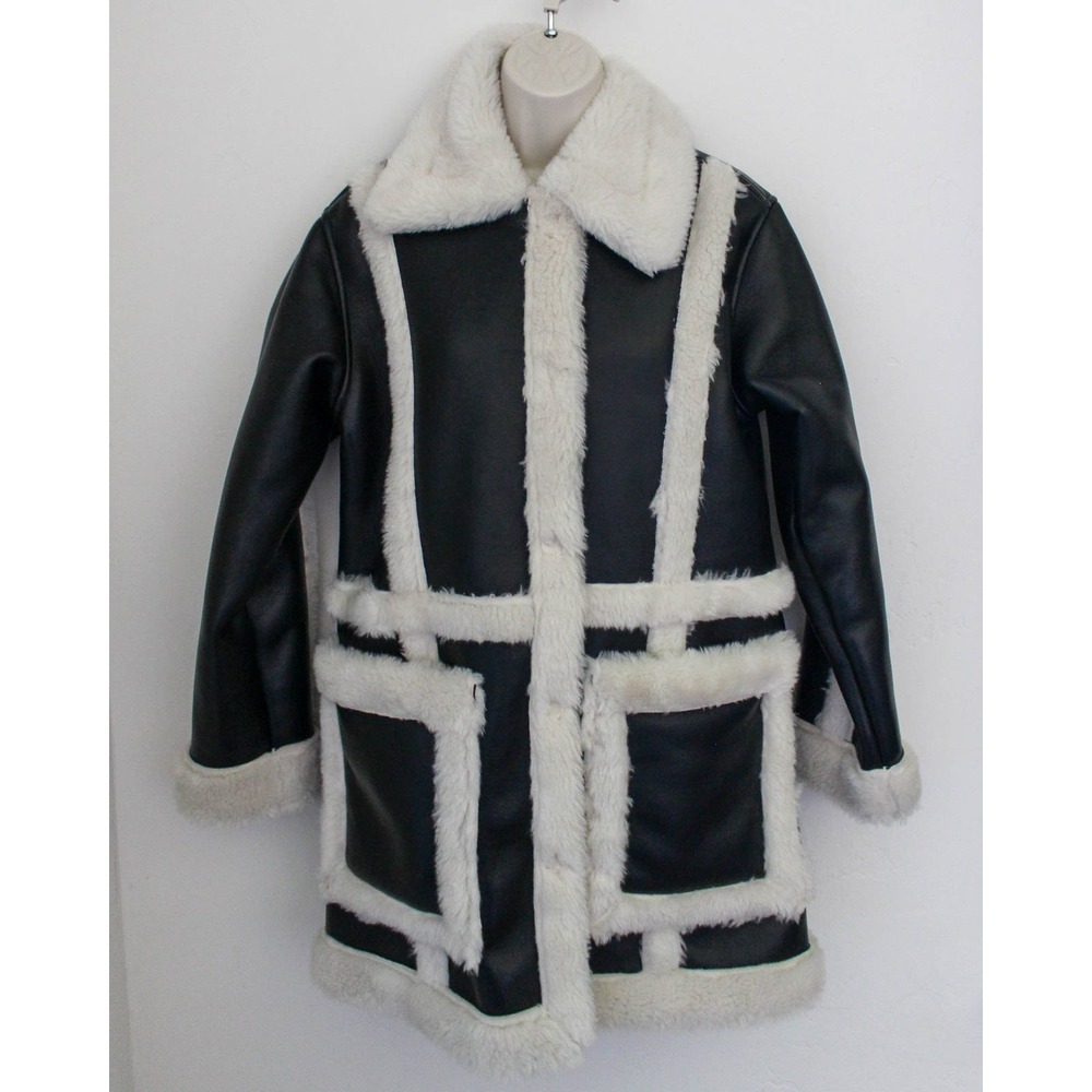 Abercrombie & Fitch Jacket Women Small Black Faux Leather Sherpa Aviator Coat